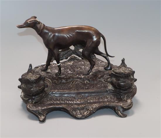 A bronze greyhound inkstand height 19cm